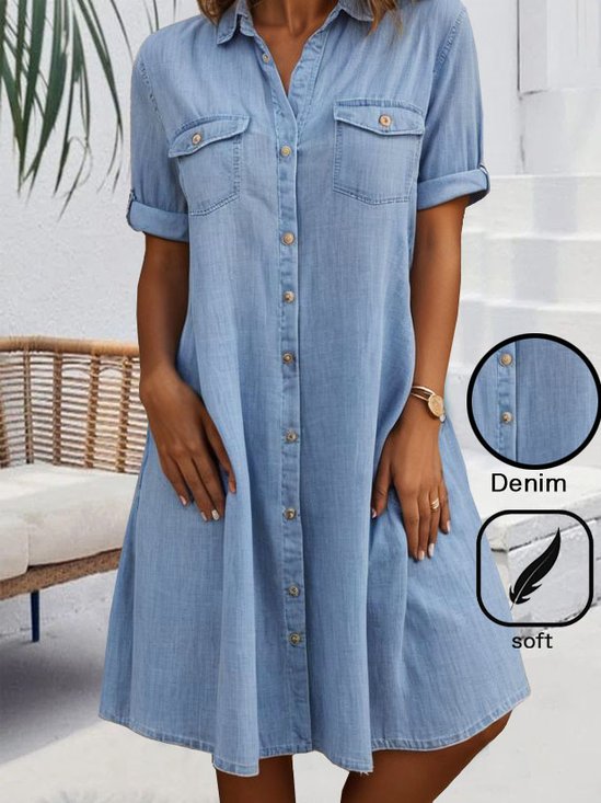 Lässig Schnalle Weit Hemdkragen Jeanskleid