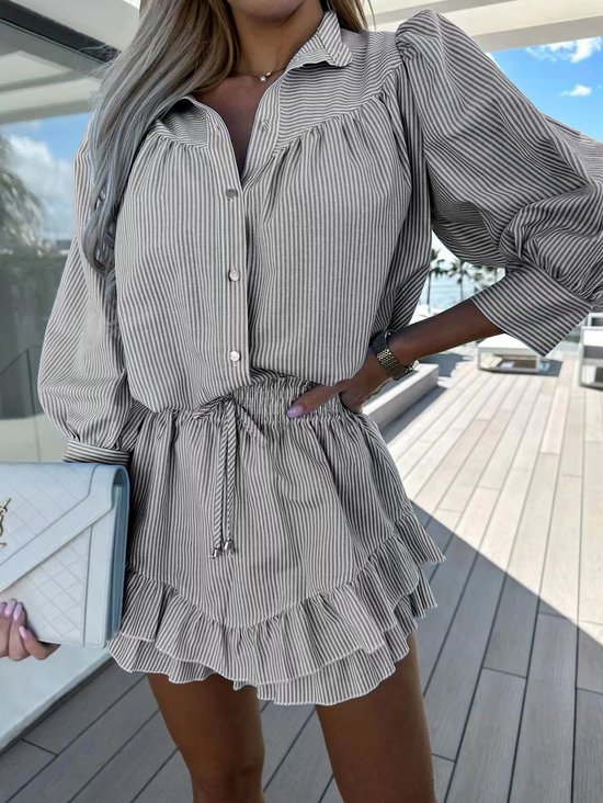 Damen Gestreift Hemdkragen Dreiviertelärmel Bequem Lässig Bluse mit Hose Zweiteiliges Set