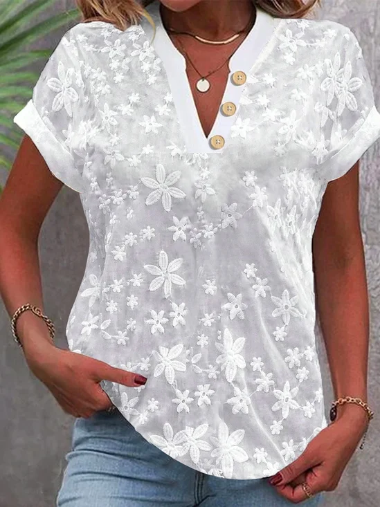 V-Ausschnitt Kurzarm Unifarben Stickerei Regelmäßig Weit Bluse für Damen