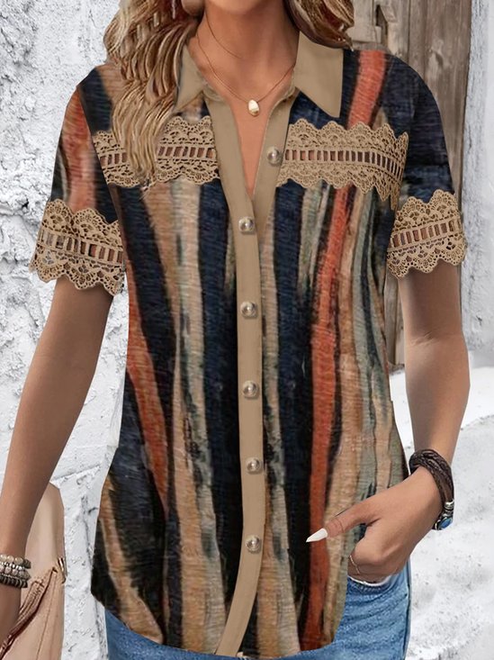 Hemdkragen Kurzarm abstrakte Streifen Spitze Regelmäßig Weit Bluse für Damen