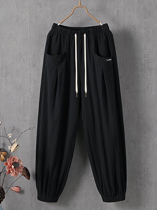 Lässig Unifarben Knöchelhose Elastische Taille Tasche Patchwork Hose