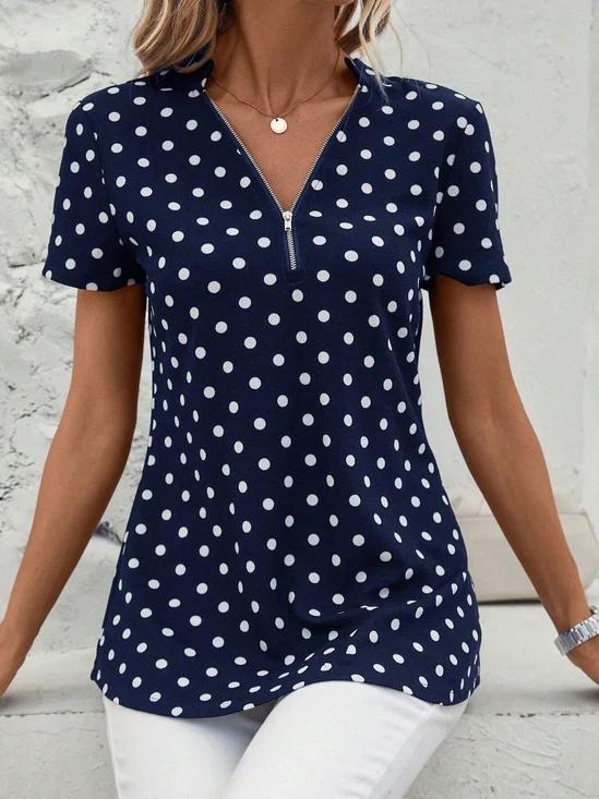 V-Ausschnitt Kurzarm Polka Dots Reißverschluss Regelmäßig Mikroelastizität Regelmäßige Passform Bluse für Damen
