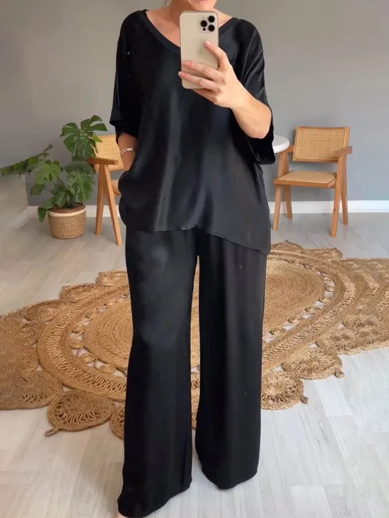 Damen Unifarben V-Ausschnitt Halbarm Bequem Lässig Bluse mit Hose Zweiteiliges Set