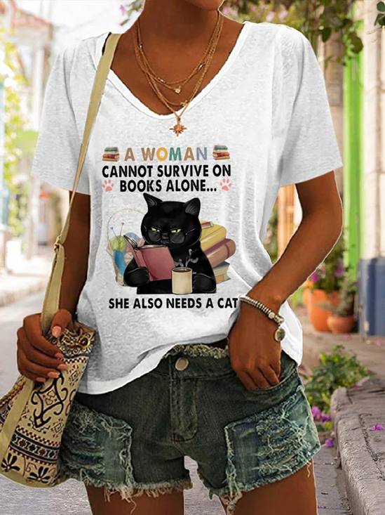 Lässig Katze V-Ausschnitt Kurzarm T-Shirt
