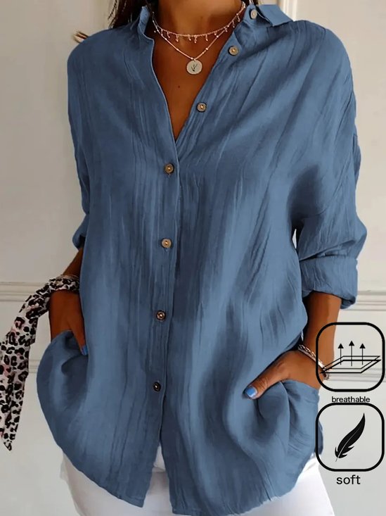 Hemdkragen Langarm Unifarben Regelmäßig Mikroelastizität Weit Bluse für Damen