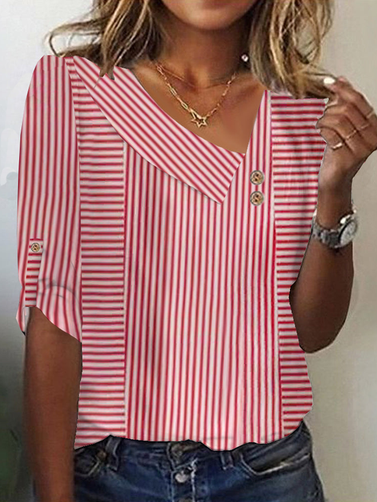 Lässig Gestreift Asymmetrisch Dreiviertelärmel T-Shirt