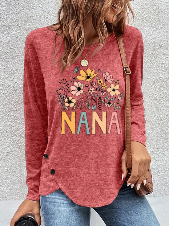 Lässig Geblümt Rundhals Langarm T-Shirt