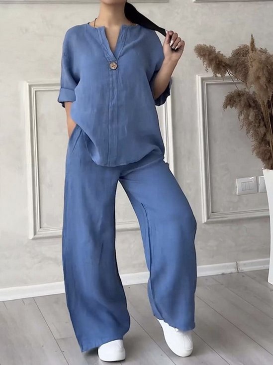 Damen Unifarben V-Ausschnitt Langarm Bequem Lässig Schnalle Bluse mit Hose Zweiteiliges Set