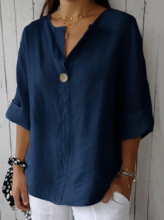 V-Ausschnitt Dreiviertelärmel Unifarben Geknöpft Regelmäßig Weit Tunika Bluse für Damen