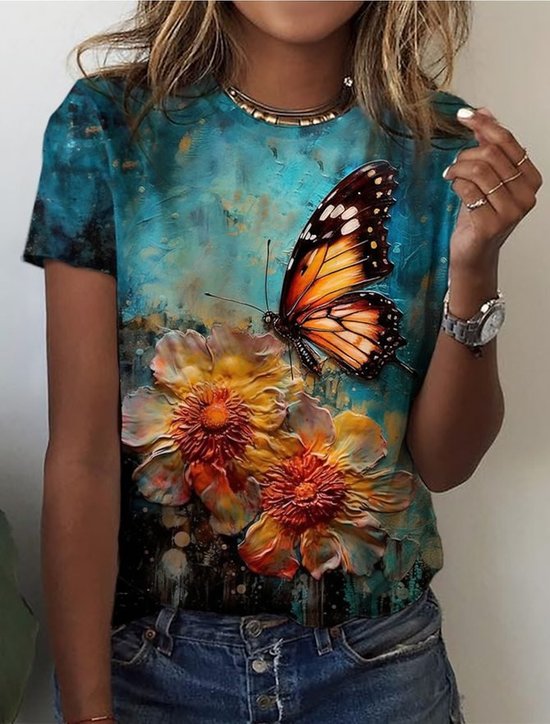 Lässig Geblümt Rundhals Kurzarm T-Shirt