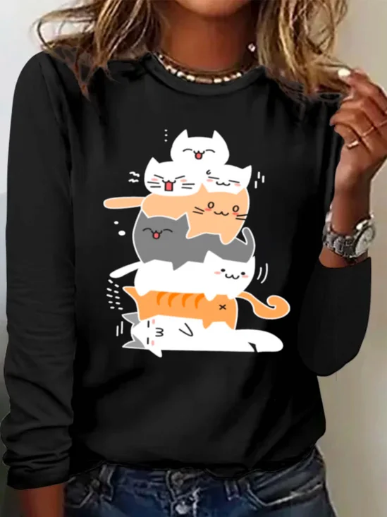 Lässig Katze Rundhals Langarm T-Shirt