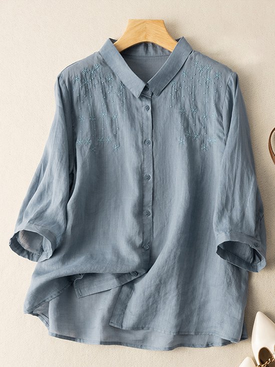 Hemdkragen Langarm Unifarben Regelmäßig Weit Bluse für Damen