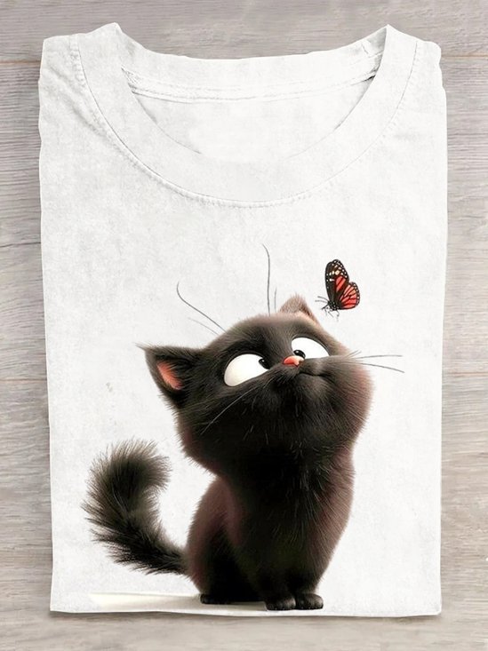 Lässig Katze Rundhals Kurzarm T-Shirt