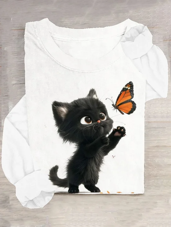 Lässig Schmetterling Rundhals Langarm T-Shirt