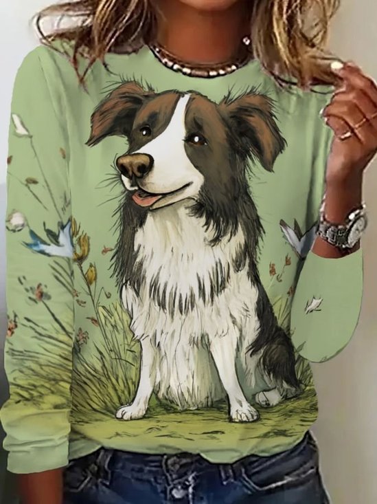 Lässig Hund V-Ausschnitt Langarm T-Shirt