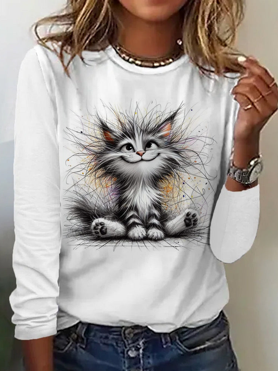 Lässig Katze Rundhals Langarm T-Shirt