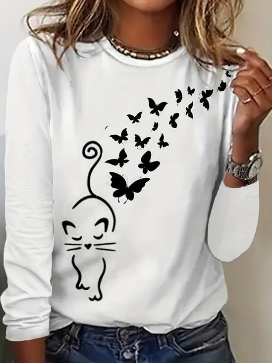 Lässig Schmetterling Rundhals Langarm T-Shirt