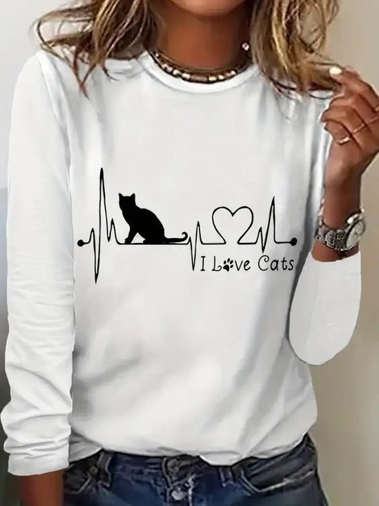 Lässig Katze Rundhals Langarm T-Shirt