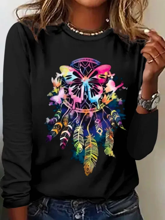 Lässig Schmetterling Rundhals Langarm T-Shirt