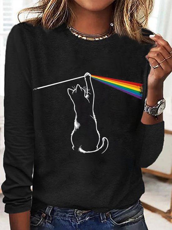 Lässig Katze Rundhals Langarm T-Shirt