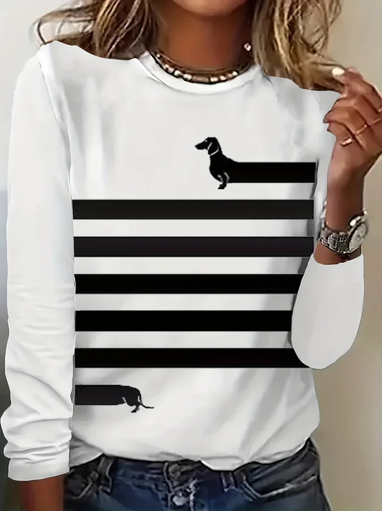 Lässig Gestreift Rundhals Langarm T-Shirt