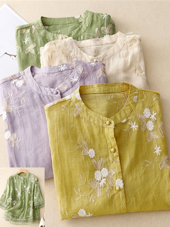 Hemdkragen Kurzarm Unifarben Stickerei Regelmäßig Weit Bluse für Damen