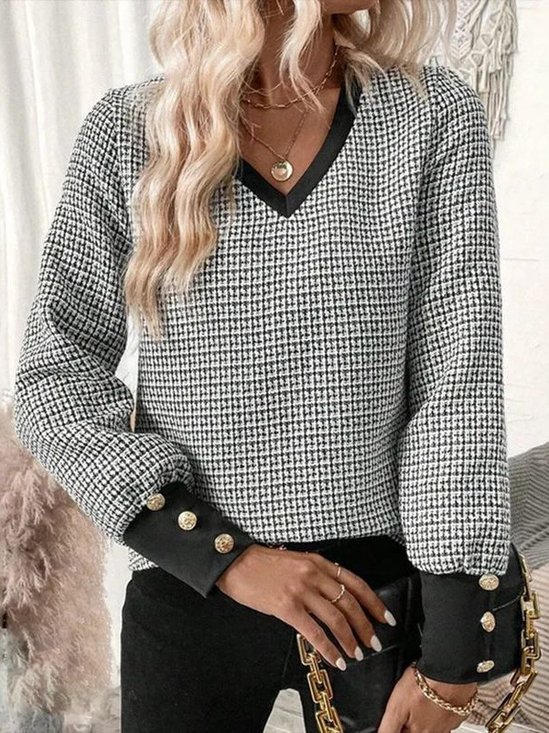 V-Ausschnitt Langarm Kariert Spitze Regelmäßig Regelmäßige Passform Bluse für Damen