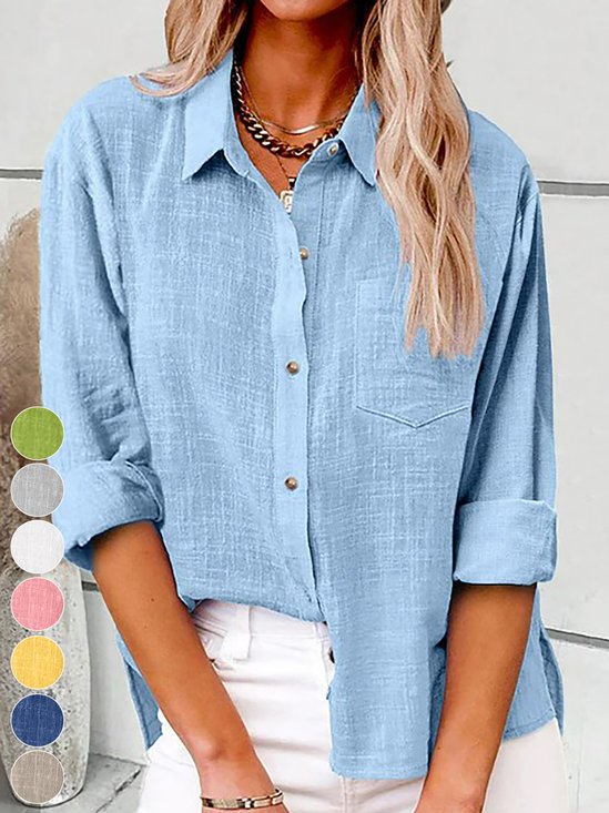 Hemdkragen Langarm Unifarben Regelmäßig Weit Bluse für Damen