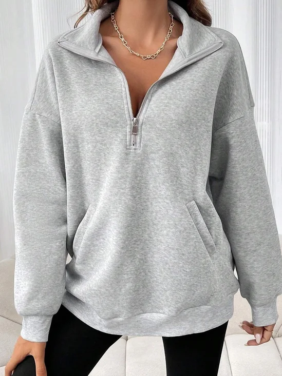 Lässig Schalkragen Unifarben Sweatshirt Reißverschluss