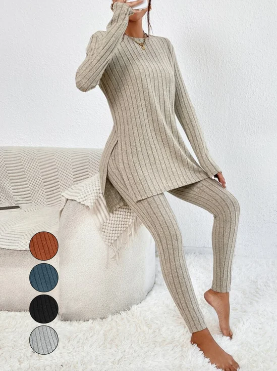 Damen Unifarben Rundhals Langarm Bequem Lässig Bluse mit Hose Zweiteiliges Set