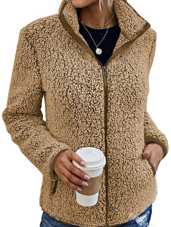 Damen Unifarben Sherpa-Jacke Reißverschluss verdicken Weit Teddy Jacke