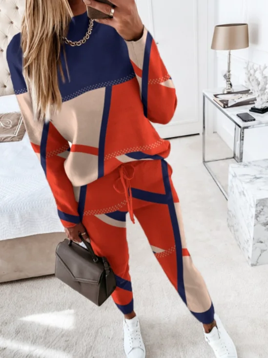 Damen Geometrisch Rundhals Langarm Bequem Lässig Bluse mit Hose Zweiteiliges Set