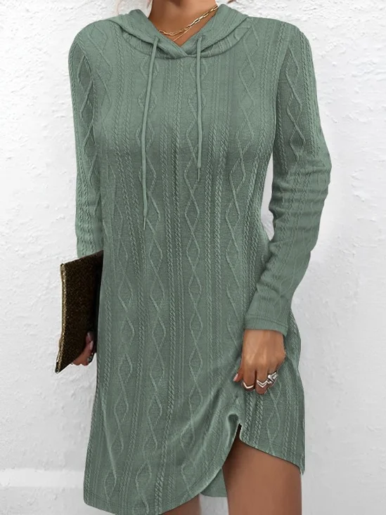 Damen Unifarben Kapuze Langarm Bequem Lässig Midikleid
