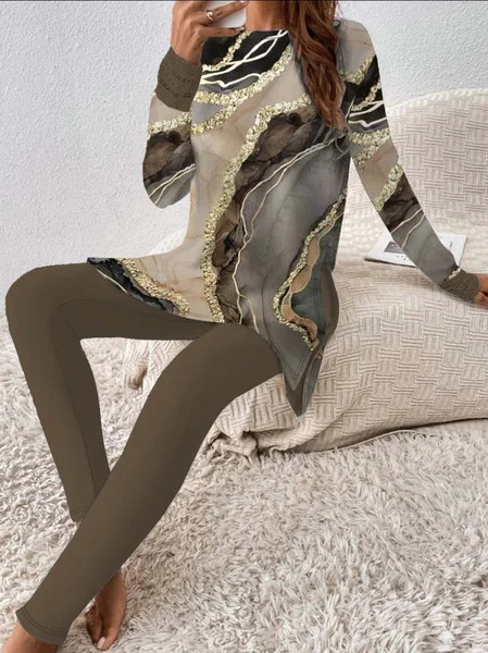Damen Geometrisch Rundhals Langarm Bequem Lässig Bluse mit Hose Zweiteiliges Set