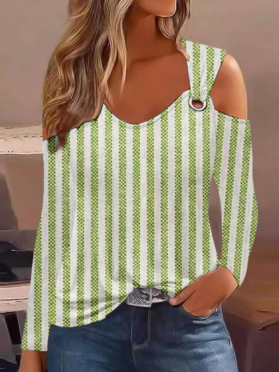 Lässig Gestreift Rundhals Langarm T-Shirt