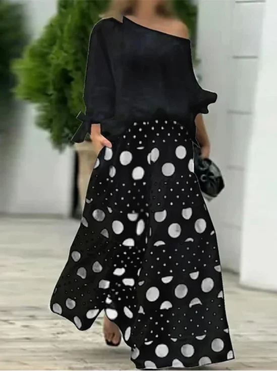 Damen Polka Dots Dreiviertelärmel Bequem Lässig Bluse mit Rock Zweiteiliges Set