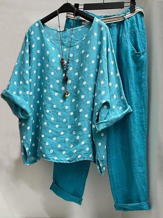 Damen Polka Dots Rundhals Halbarm Bequem Lässig Bluse mit Hose Zweiteiliges Set