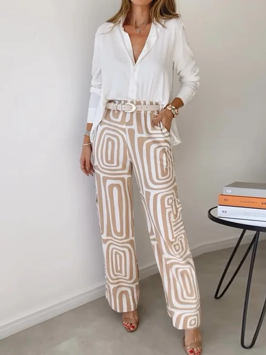 Damen Abstrakt Schalkragen Langarm Bequem Lässig Bluse mit Hose Zweiteiliges Set