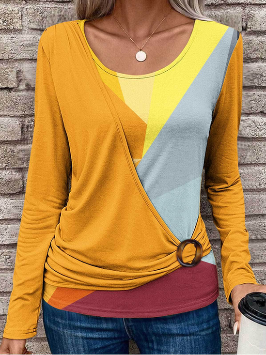 Rundhals Langarm Geometrisch Regelmäßig Weit Spotten Zweiteiliges Bluse für Damen