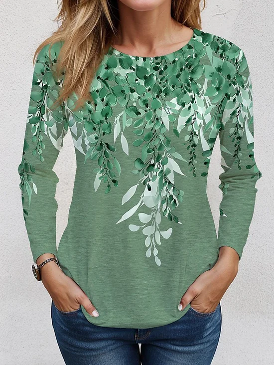 Lässig Blätter Rundhals Langarm T-Shirt