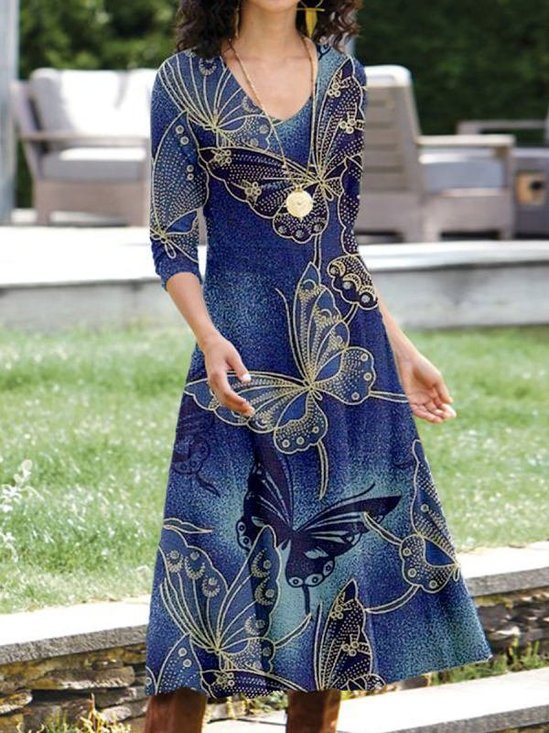 Damen Geblümt V-Ausschnitt Langarm Bequem Lässig Maxikleid