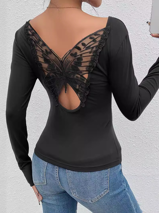 Lässig Schmetterling Rundhals Dreiviertelärmel T-Shirt