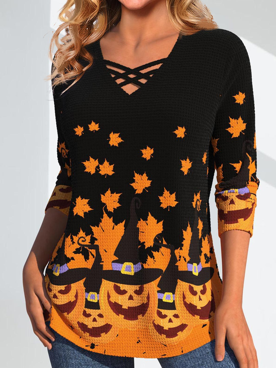 Kreuzhals Langarm Halloween Spitze Regelmäßig Mikroelastizität Weit Bluse für Damen