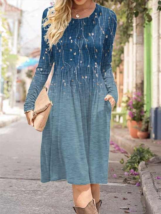 Damen Geblümt Rundhals Langarm Bequem Lässig Midikleid