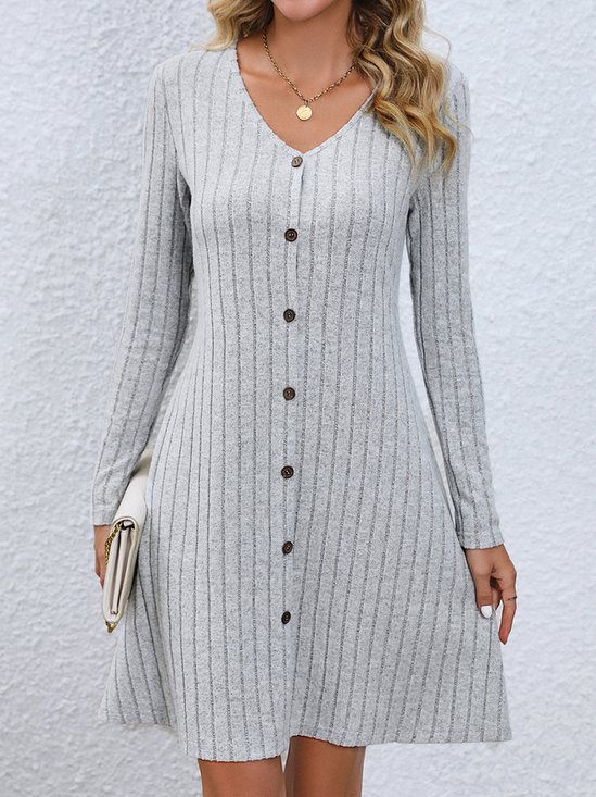 Damen Unifarben V-Ausschnitt Langarm Bequem Lässig Geknöpft Midikleid