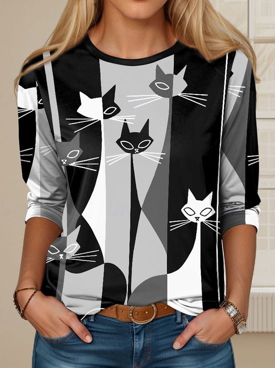 Lässig Katze Rundhals Langarm T-Shirt