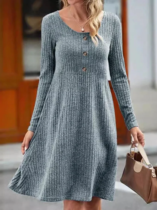 Damen Unifarben Rundhals Langarm Bequem Lässig Geknöpft Midikleid