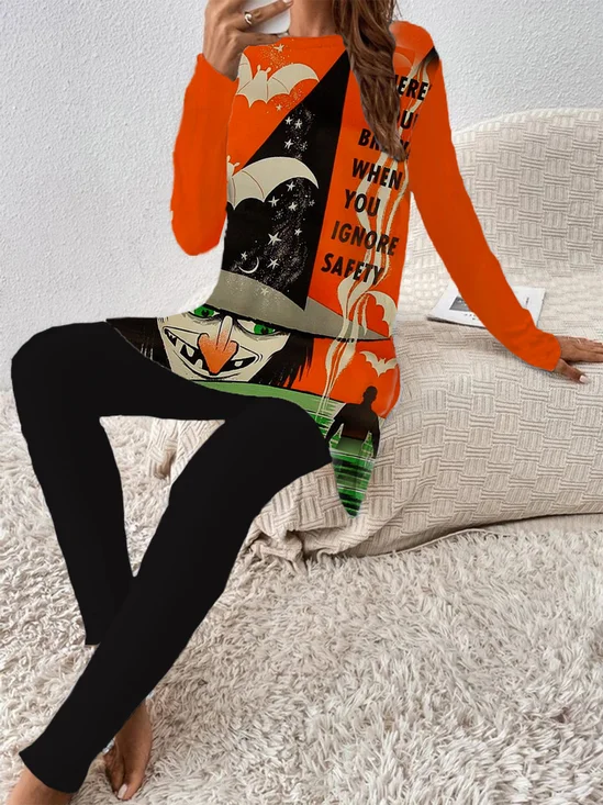 Damen Halloween Rundhals Langarm Bequem Lässig Bluse mit Hose Zweiteiliges Set