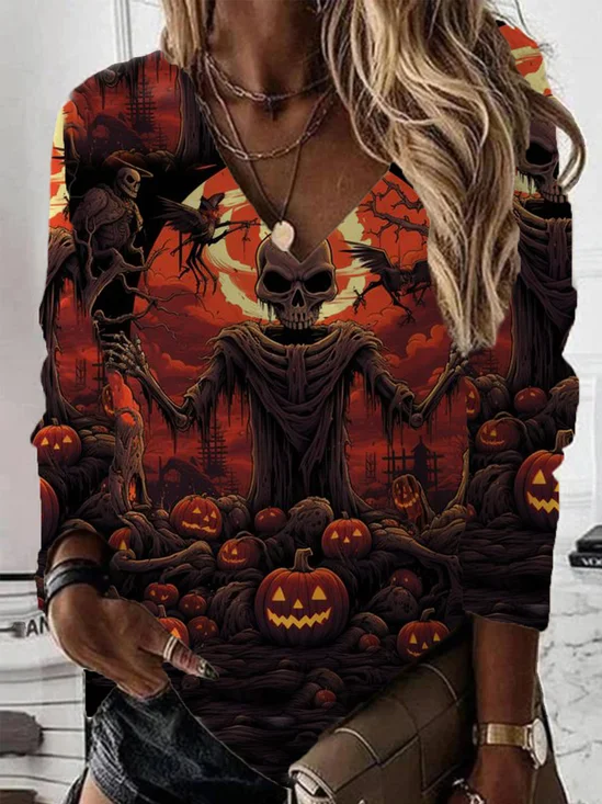 Lässig V-Ausschnitt Halloween Sweatshirt Print