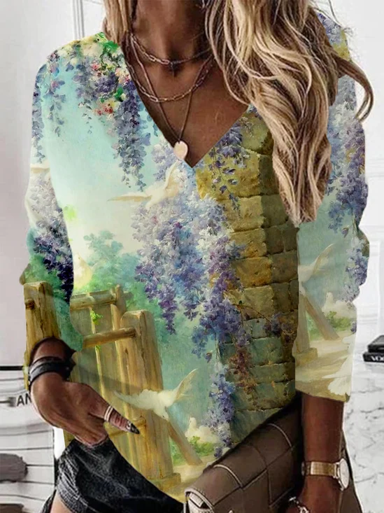 Lässig V-Ausschnitt Geblümt Sweatshirt